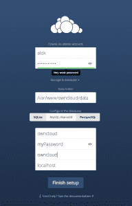 owncloud setup screen